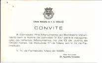 Convite do Presidente da Câmara de V.N. de Famalicão para a inauguração do monumento ao Bombeiro Voluntário