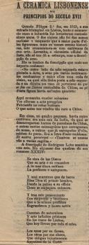 Recorte de imprensa com um artigo de Sousa Viterbo intitulado “A Cerâmica Lisbonense nos princípios do século XVIII”