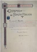 Diploma de Funções Públicas...ao Bacharel Daniel José Rodrigues Administrador da Caixa Geral de Depósitos e Instituições de Providência ...para exercer interinamente o logar de Director Geral da Estatistica